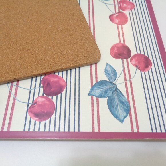 Retro Cherry Placemats Set of 4 With Cork Backing Red Stripes and Leaves - Picture 6 of 8